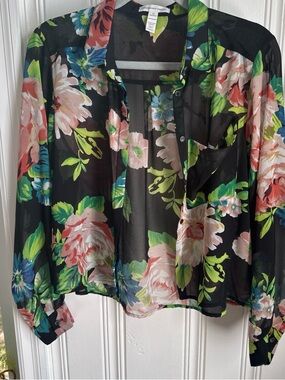 Ambiance Black Sheer Floral Button-Up Blouse with Pink & Green Blooms